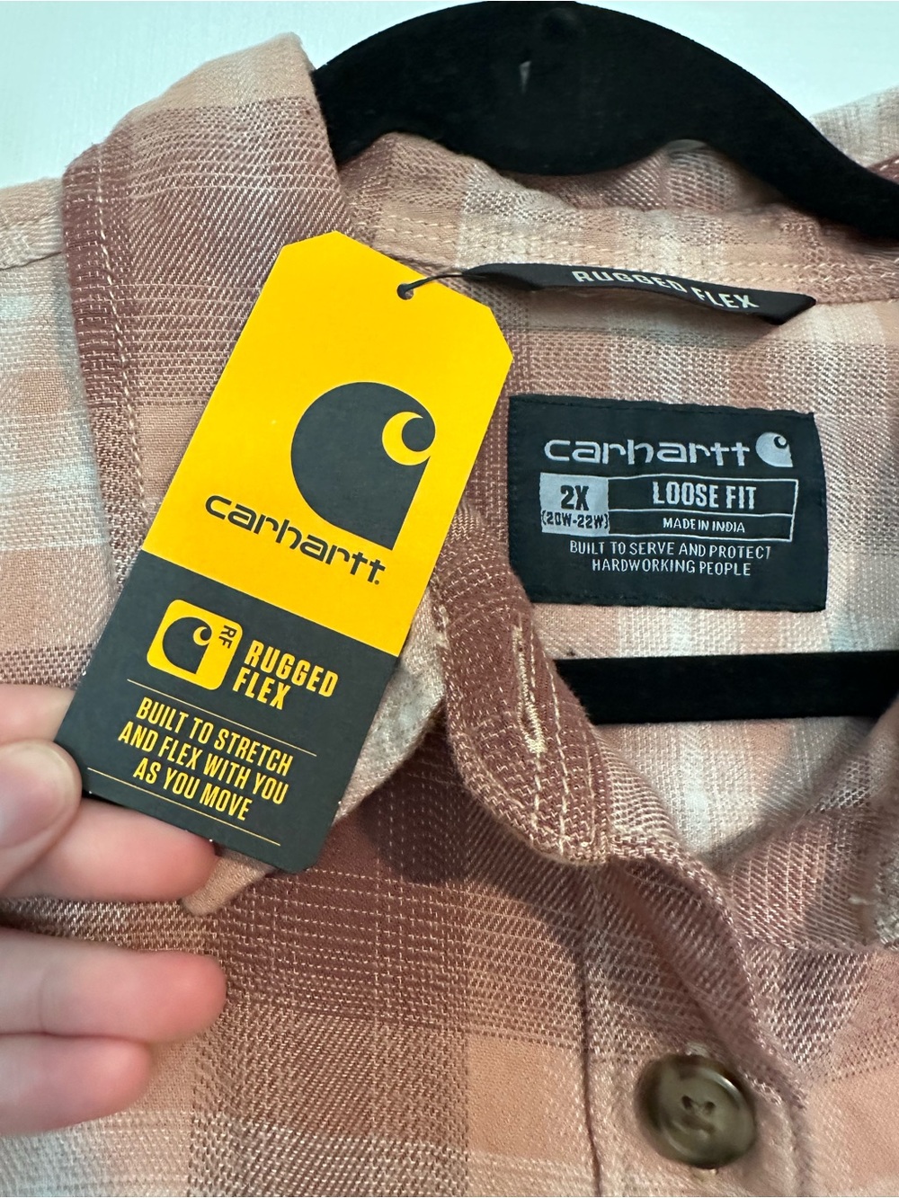 Carhartt Rugged Flex Brown & Peach Plaid Button-Up Shirt - Picture 4 of 7